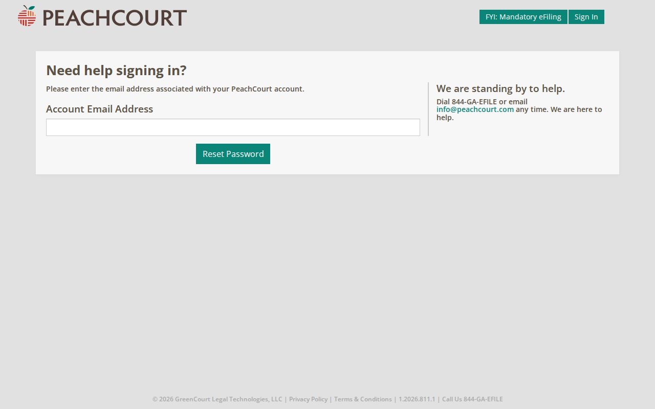 PeachCourt password recovery field for an existing court document account