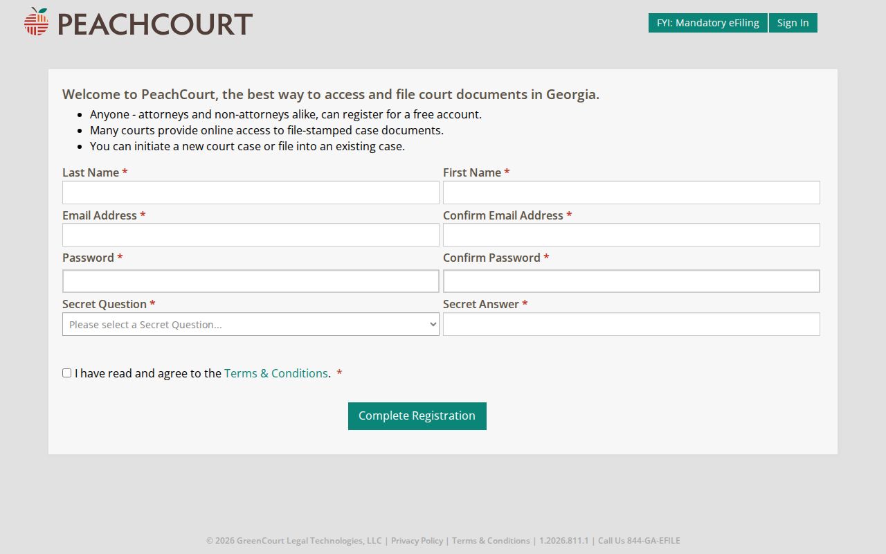PeachCourt account registration controls used for Georgia court document access