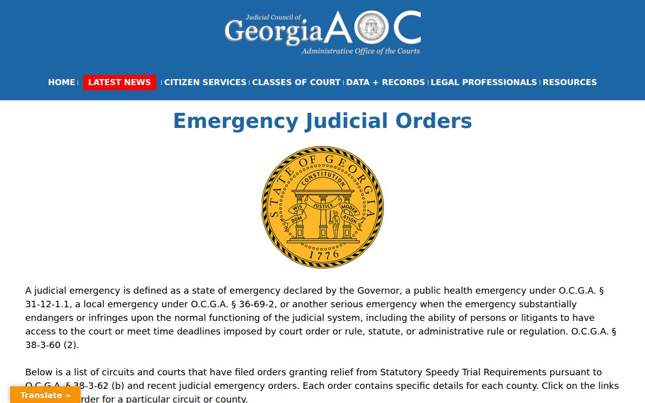 Georgia Courts emergency judicial orders page used to check disruptions affecting Madison County court dates
